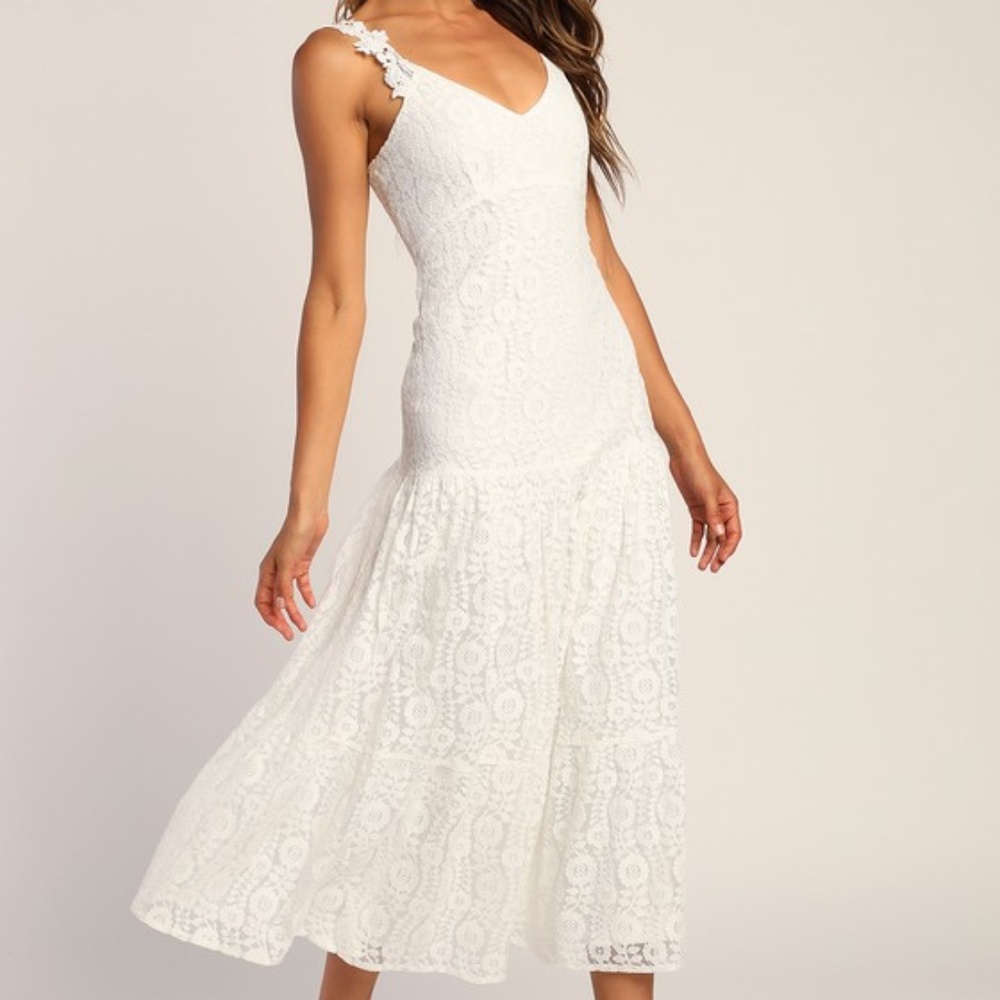 Lulus Forever Yours White Lace Sleeveless V-neck Midi Dress - Size M